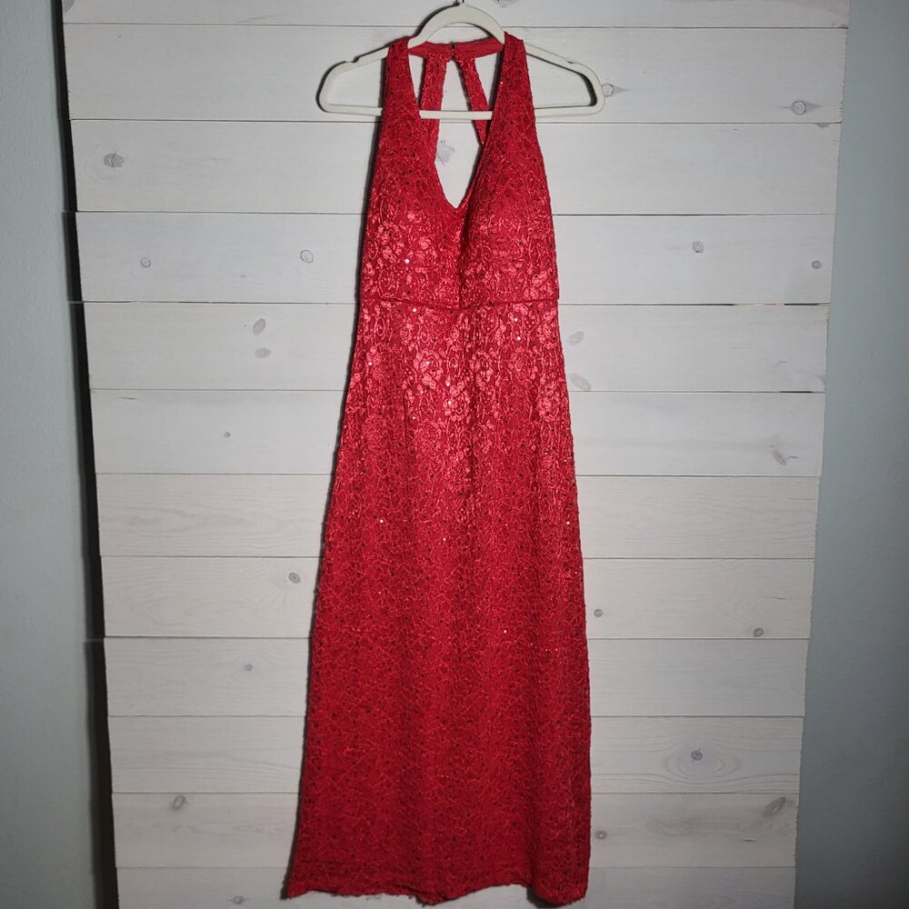Lovely Grace Maxi Dress Floral Sequin Red Lace Strappy Party Gown